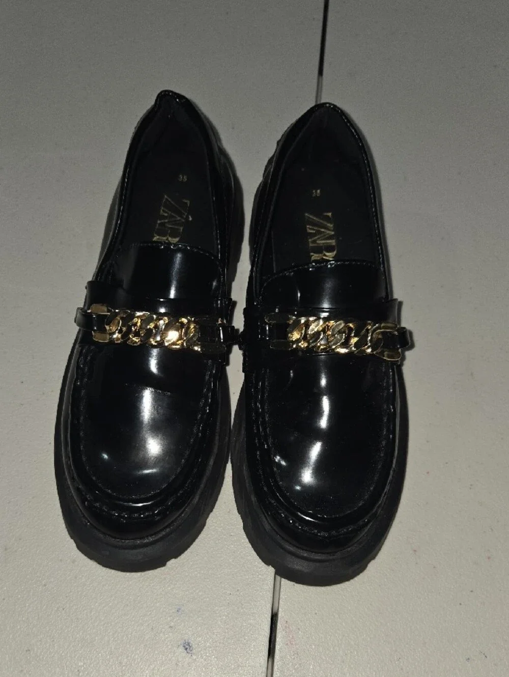 Zara Black Patent Loafers with Gold Chain
